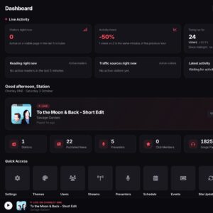 Station Kit admin dashboard showing live activity, now playing and quick access
