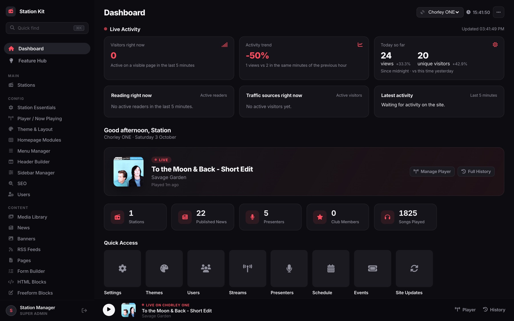 Station Kit admin dashboard showing live activity, now playing and quick access