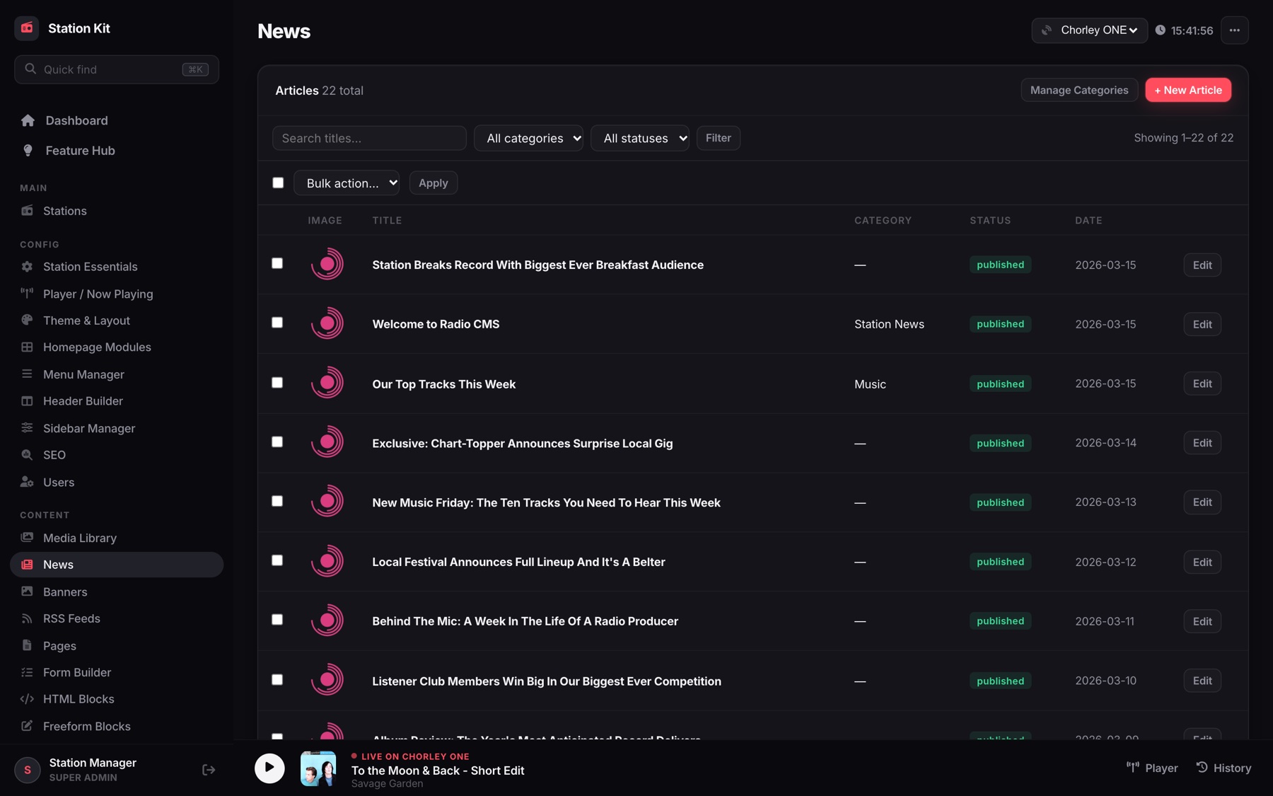 Station Kit news manager listing published articles