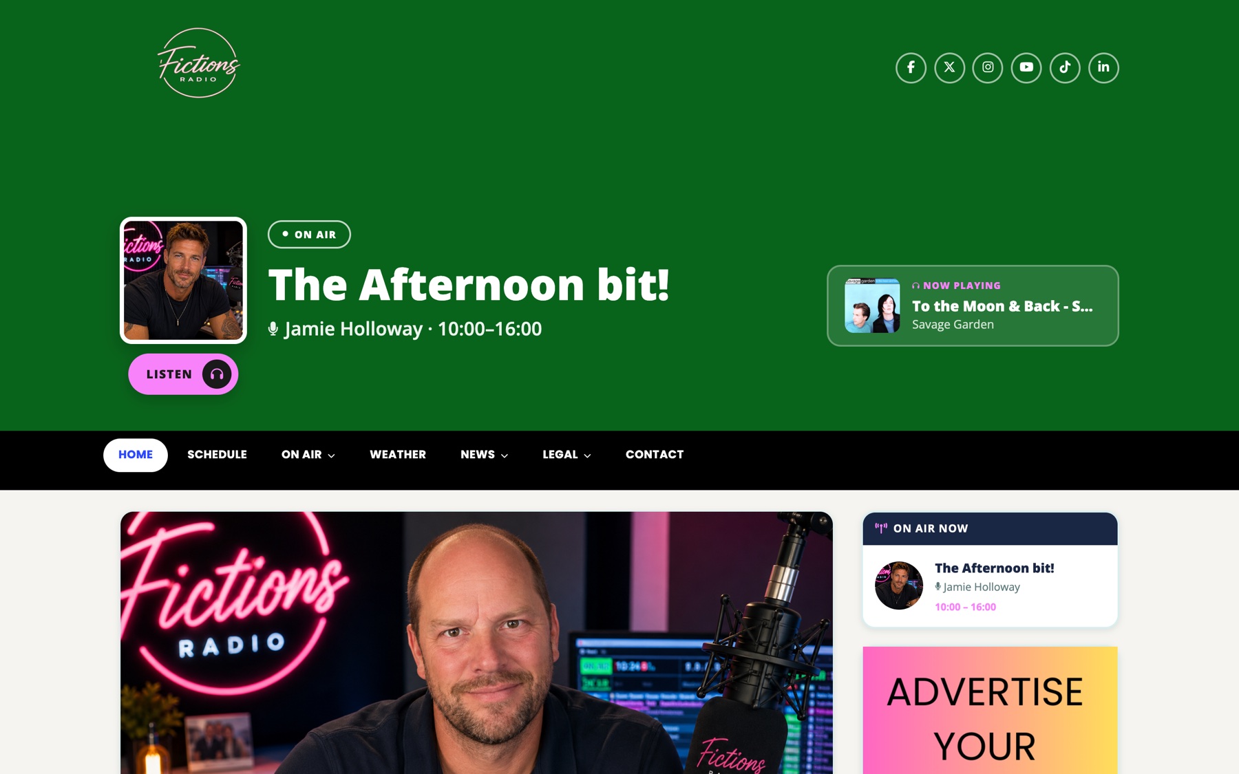 A Station Kit radio station website homepage with on-air show, now playing and listen live button