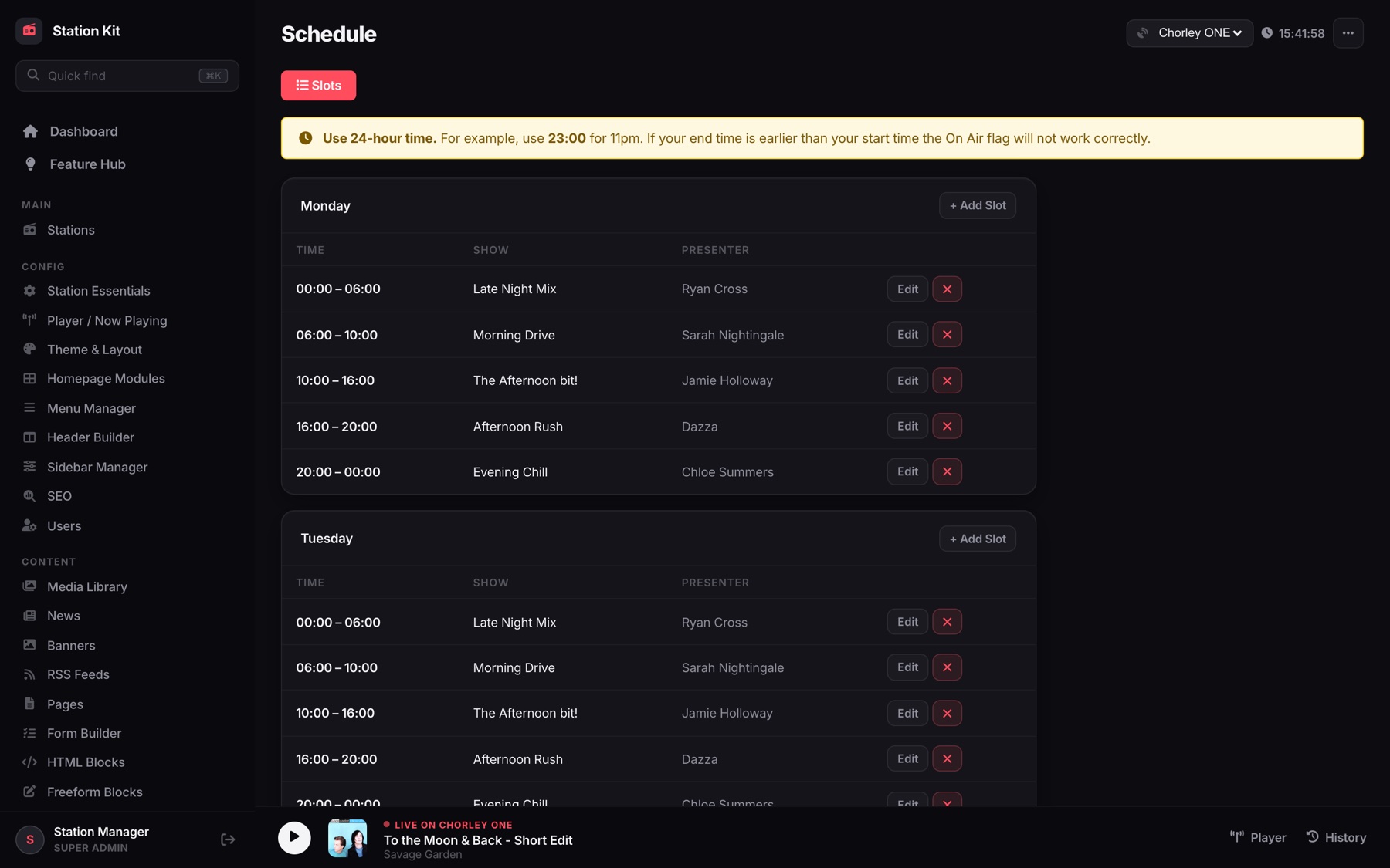 Station Kit weekly schedule with shows and presenters