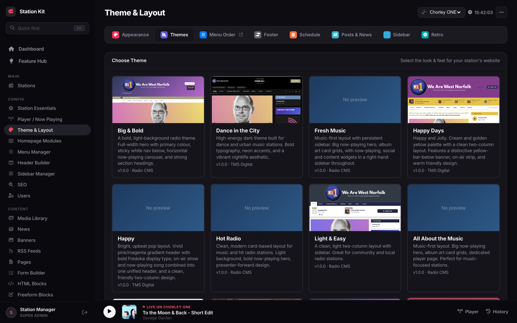 Choosing one of the Station Kit radio website themes
